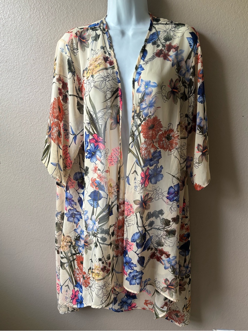 Forever 21 Cream Floral Kimono with Blue & Coral Accents